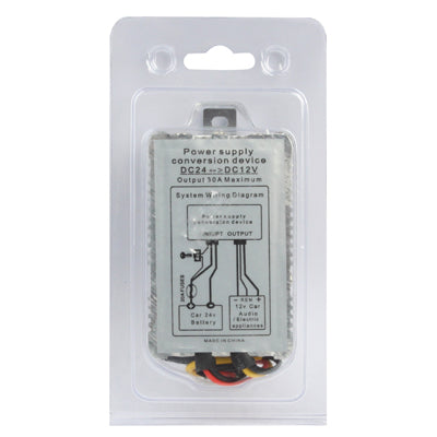 DC step-down transformer kit in retail blister, with system wiring diagram on package