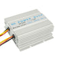 DC step-down power transformer, silver finned case with blue “Power Buck” label and wire leads