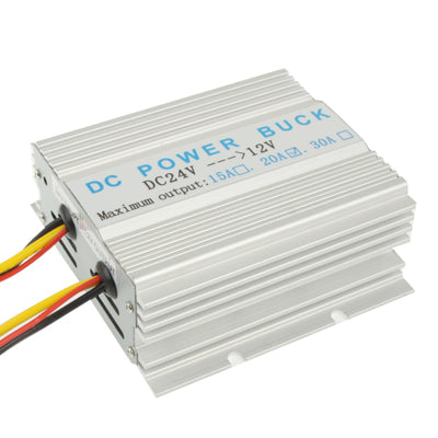 DC step-down power transformer, silver finned case with blue “Power Buck” label and wire leads