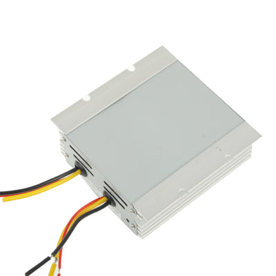 DC step-down power transformer, silver finned metal case with side ports and colored wire leads