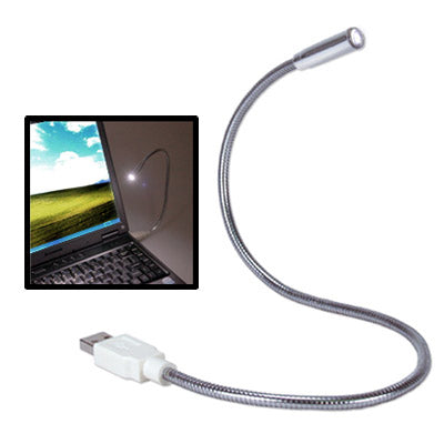 Flexible USB LED light with braided cable, metal LED tip, and USB connector.