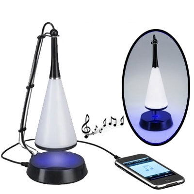 Mini Bluetooth speaker lamp with white cone shade, blue LED glow and black base