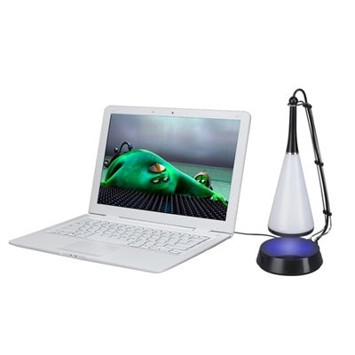 Mini Bluetooth speaker lamp with white cone shade and black base on tripod stand