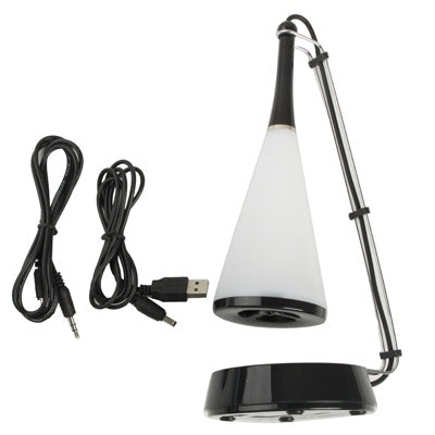 Mini Bluetooth speaker lamp kit with white cone shade, black base and USB cable