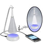 Mini Bluetooth speaker lamp with white cone shade, blue LED glow and white base