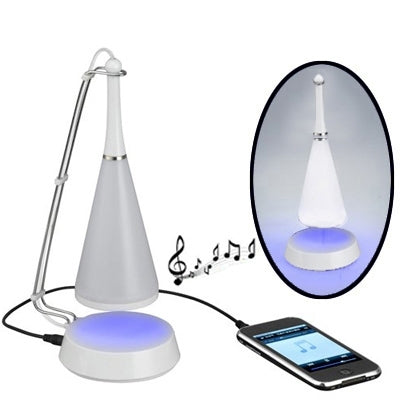 Mini Bluetooth speaker lamp with white cone shade, blue LED glow and white base