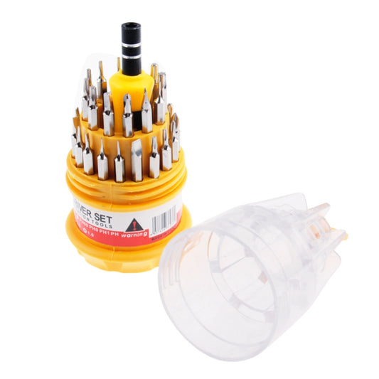 Yellow and clear plastic bit case with assorted precision screwdriver bits