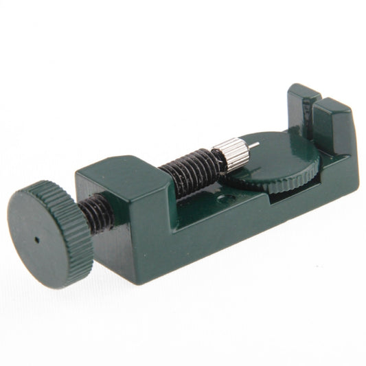 Dark green pin press tool with threaded plunger and metal pin guide