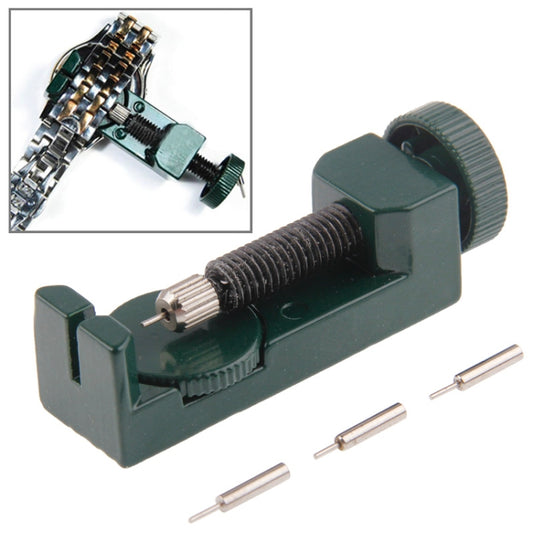 Dark green watch band pin remover tool with press head and sleeve