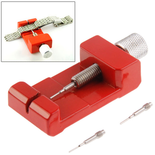 Red watch strap link pin remover and metal adjuster tool with small pins