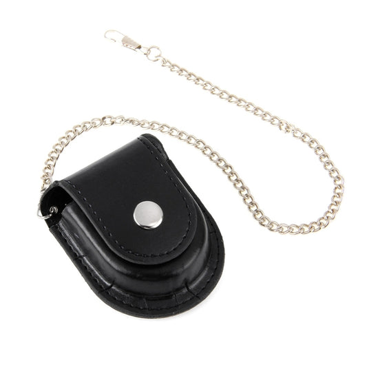 Black leather pocket watch holster with open top, silver snap, and chain strap