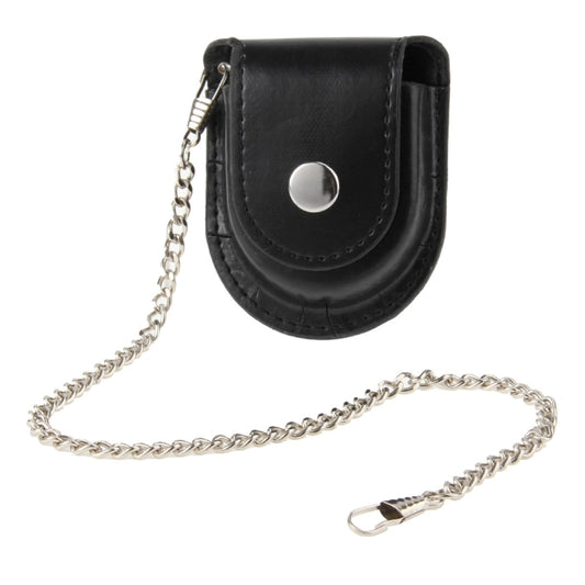 Black leather pocket watch holster with silver snap button and chain strap