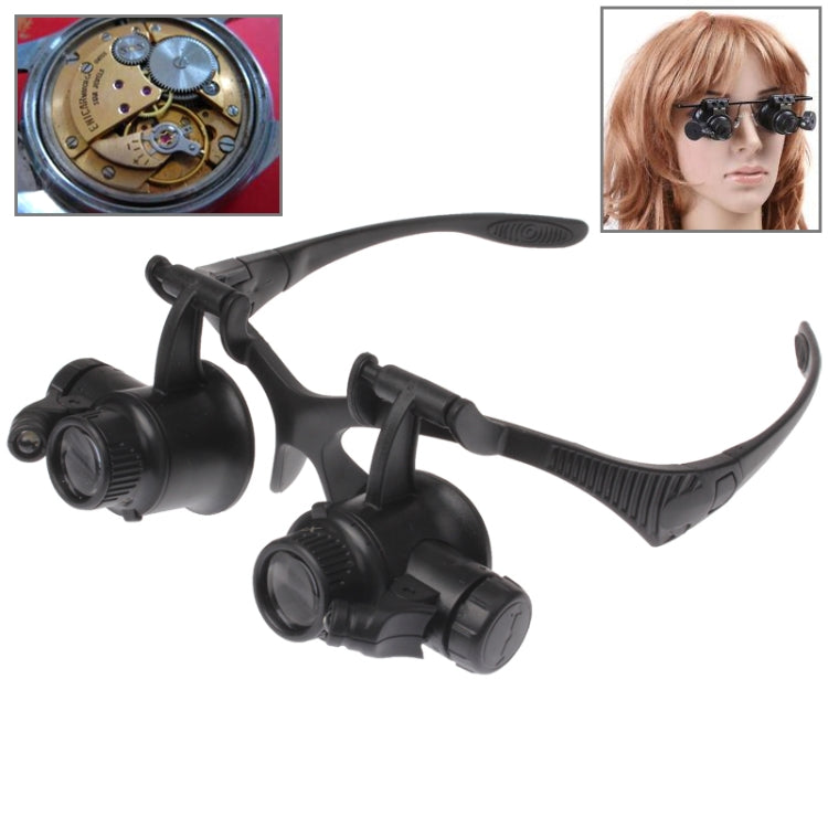 Black watch repair magnifier with headband, long arms, and two lens heads