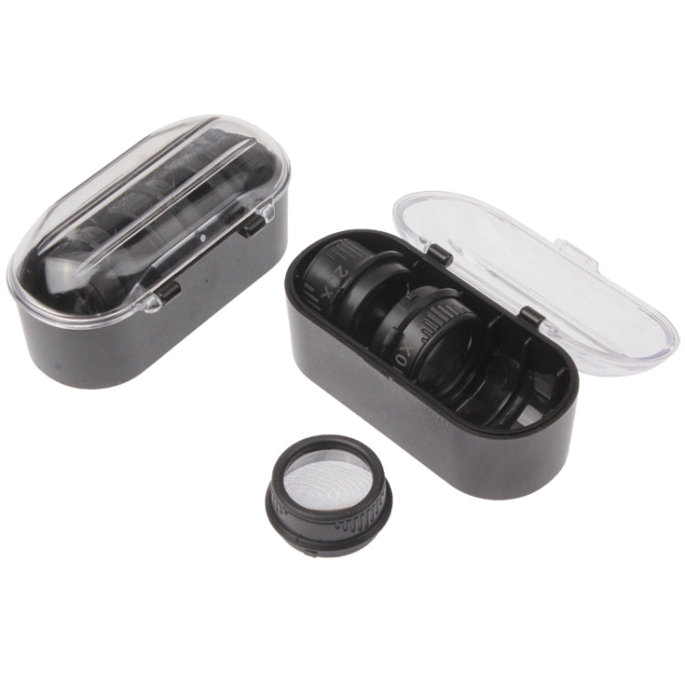 Watch repair magnifier with black storage case, clear cover, and extra lens