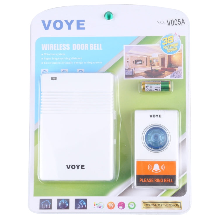 VOYE wireless doorbell kit in blister packaging with white chime and blue-ring remote