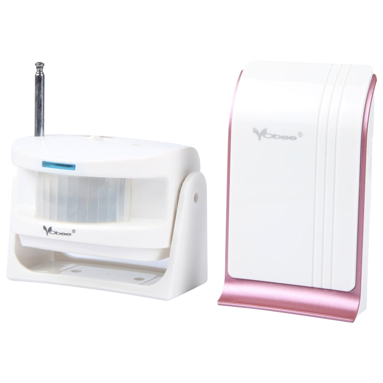White wireless door chime receiver with motion sensor and antennas, front and side view