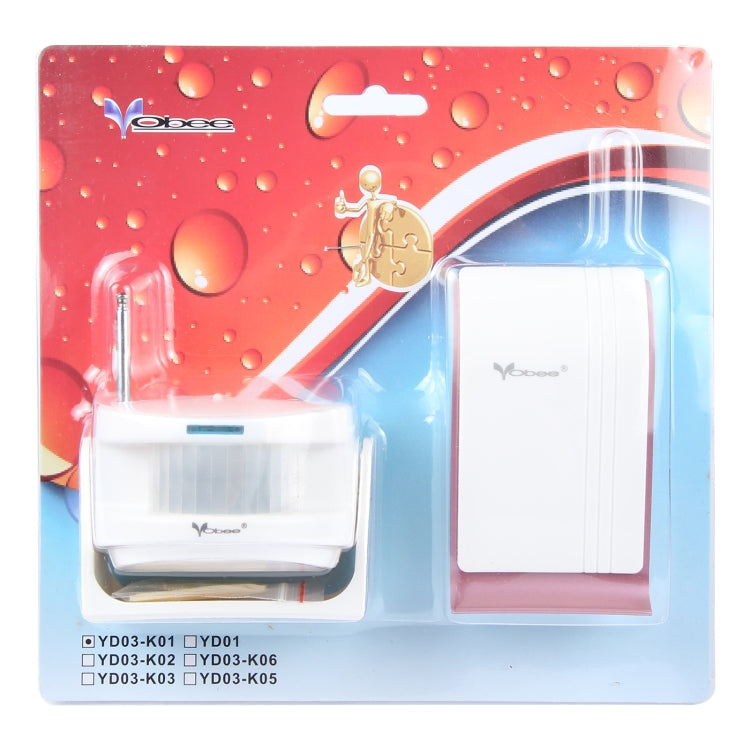 Wireless door chime product packaging showing white device with blue motion window