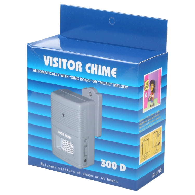 Retail box for visitor wireless door chime with pictured gray door chime unit.