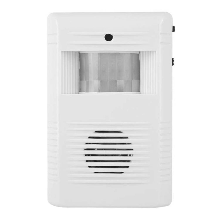 White infrared sensor guest welcome doorbell with front speaker grille and window sensor