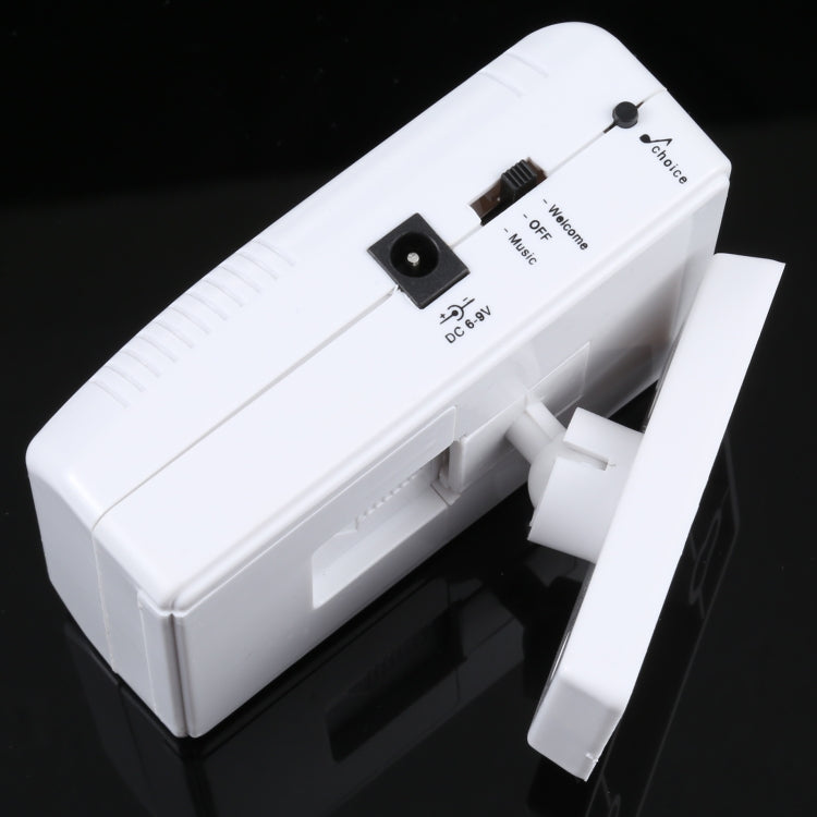 White infrared sensor guest welcome doorbell with switch labels, DC input port