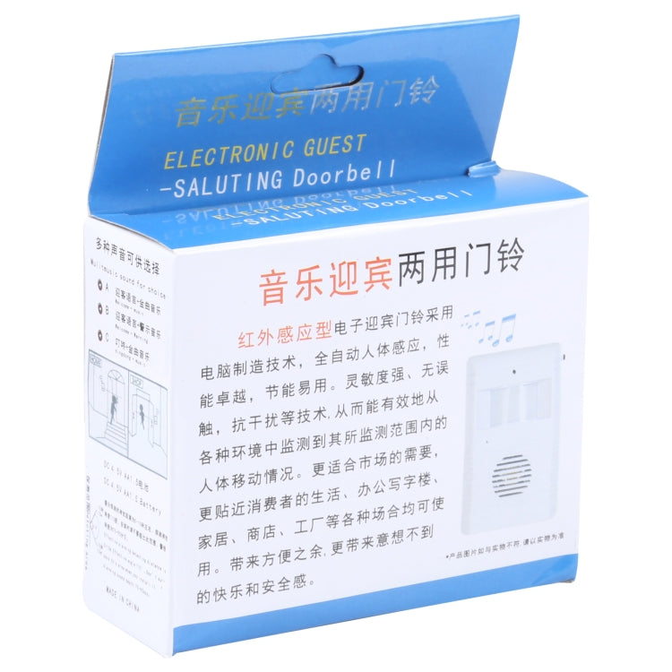 Retail box for electronic guest welcome doorbell with infrared sensing, blue and white