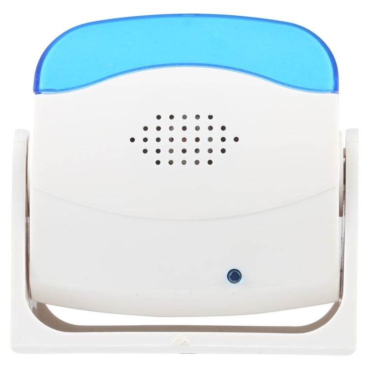 Wireless doorbell chime, white body with blue top and center speaker grille
