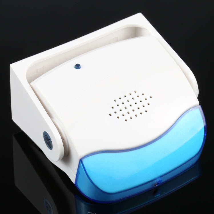 Wireless doorbell chime, white housing with blue base and speaker grille panel