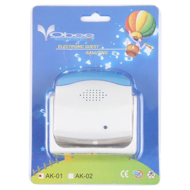 Retail blister package for wireless guest-saluting doorbell, white and blue chime