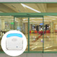 Wireless doorbell chime shown in inset circle, white body with blue top