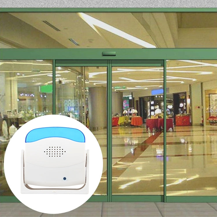 Wireless doorbell chime shown in inset circle, white body with blue top
