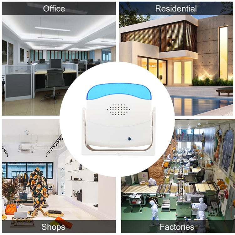 Wireless doorbell chime inset in promotional collage, white body and blue top