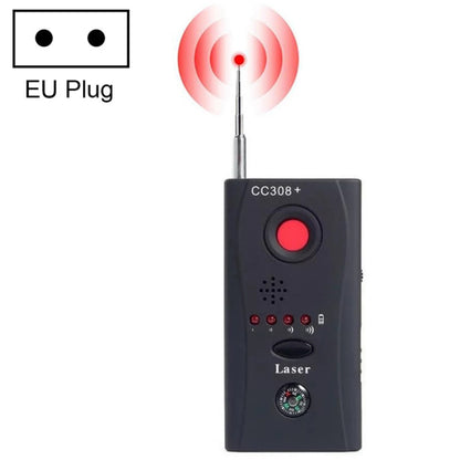 Handheld RF signal and laser detector with red power button, speaker grille, and EU plug icon