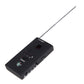 Handheld RF signal detector with long antenna, control buttons, and circular red center button