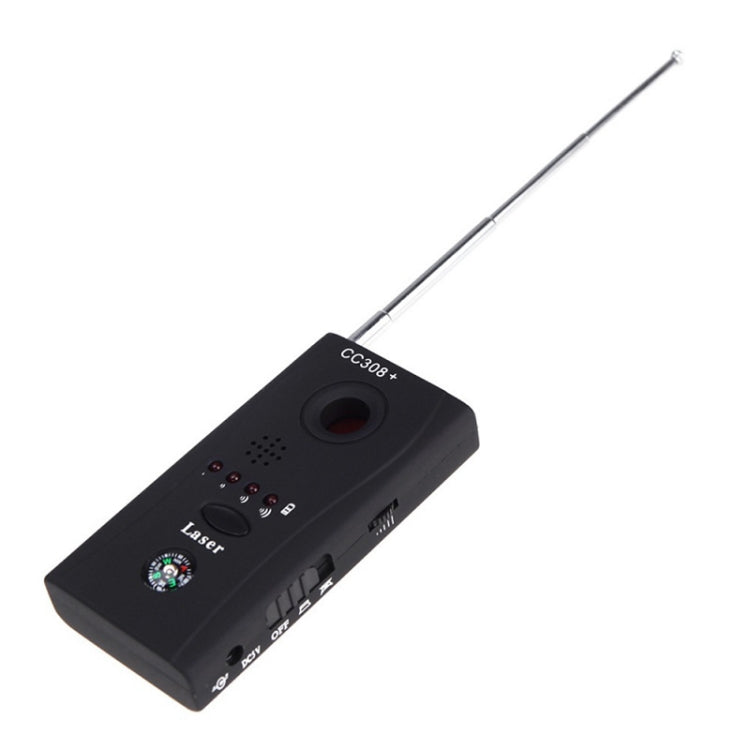 Handheld RF signal detector with long antenna, control buttons, and circular red center button