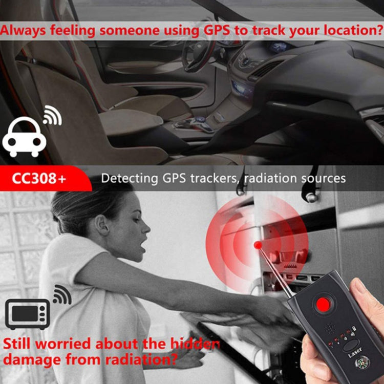 Handheld CC308+ RF signal detector with red scanning light, display and buttons