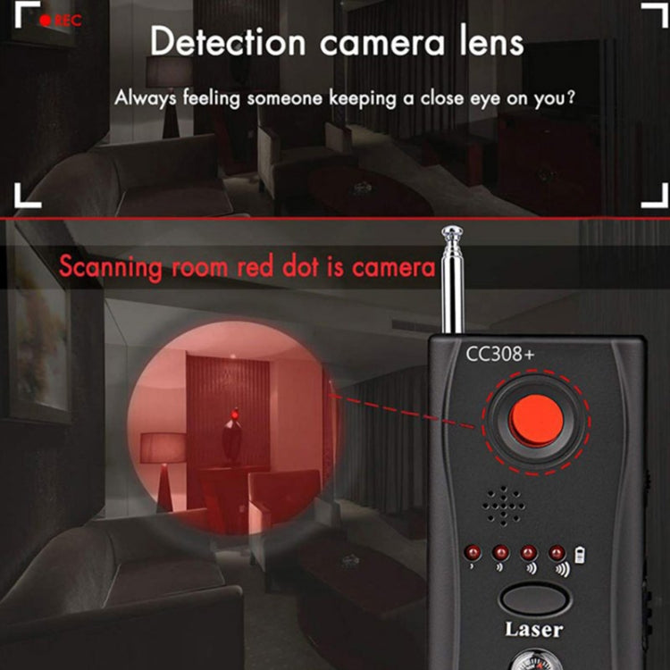 CC308+ laser RF detector handheld unit with circular speaker grille and red light