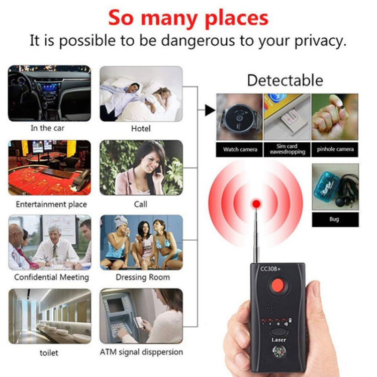 Handheld CC308+ RF detector with red target light and indicator buttons