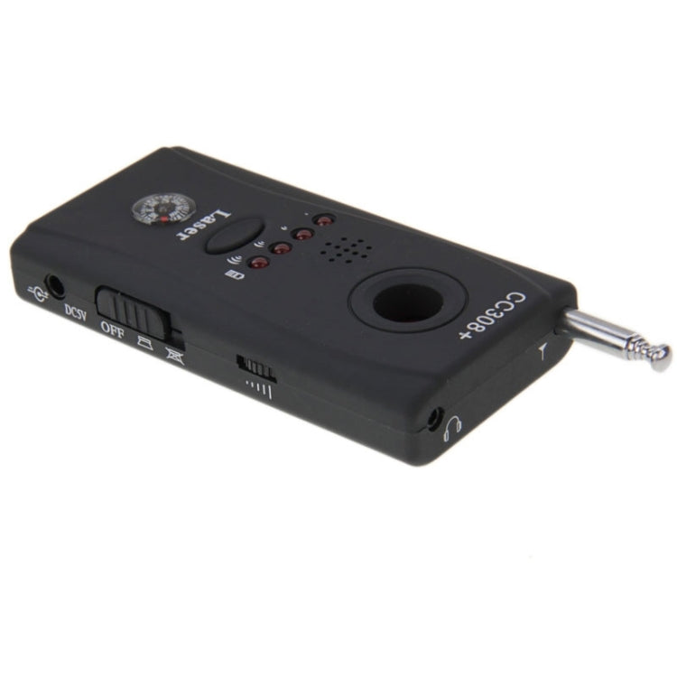 Handheld RF signal and laser detector showing side ports, controls, and antenna connection
