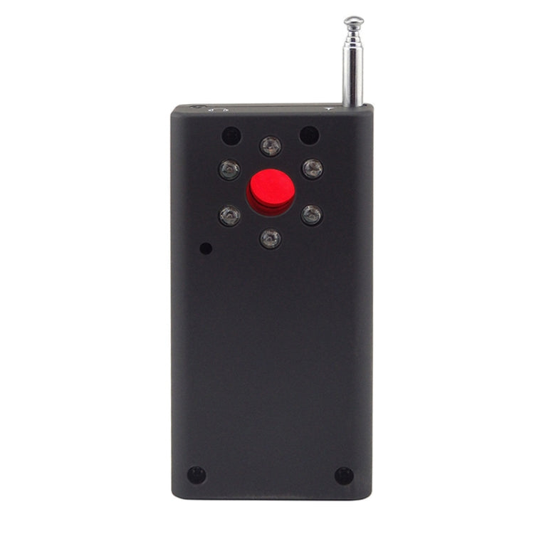 Handheld RF signal detector rear view with red button and metal antenna tip