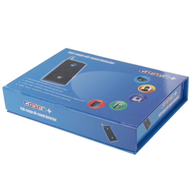 CC308+ detector retail box with device images and icons on blue packaging