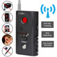 Handheld RF signal detector with red power button, laser label, and antenna extended