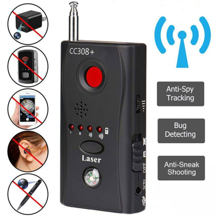 Handheld RF signal detector with red power button, laser label, and antenna extended
