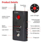 RF signal detector product diagram highlighting antenna, sensor, laser LED, and charge jack