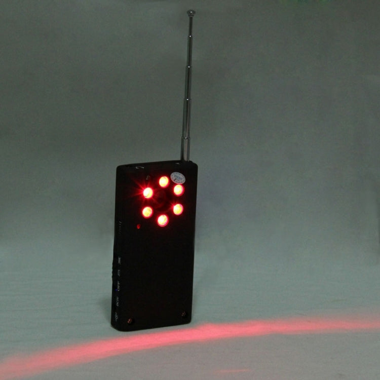 Handheld RF detector with extended antenna, glowing red LEDs, and red laser line beam
