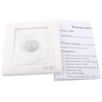 White wall motion sensor switch rear panel with model label and specifications