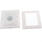White PIR motion sensor switch face with circular lens, shown with open back