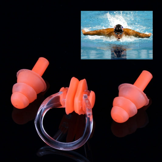 Soft silicone swimming set with orange nose clip and ear plugs