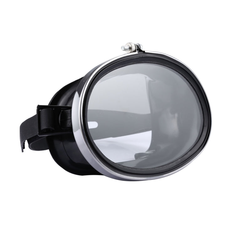 Wide-view black dive goggles with tinted lens and adjustable side strap