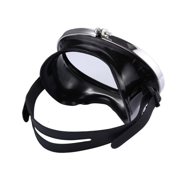 Black dive goggles with chrome rim and curved front frame