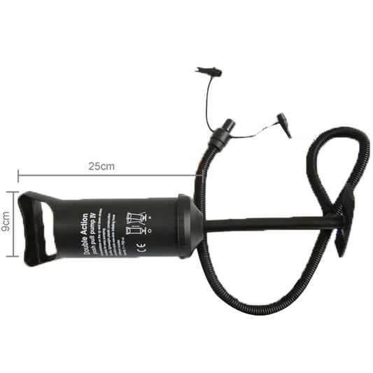 Double-action hand air pump with long hose and two valve nozzles, black
